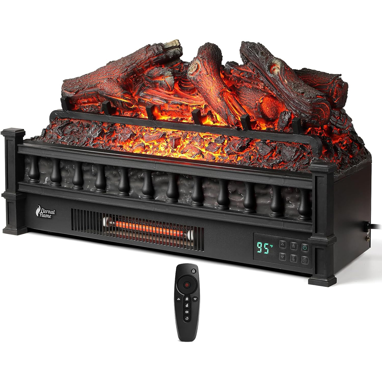 TURBRO Eternal Flame 26 in. WiFi Infrared Quartz Electric Fireplace Log Heater with Sound Crackling, Realistic Lemonwood Logs, Adjustable Flame Colors, Remote Control, Thermostat, Timer, 1500W Black