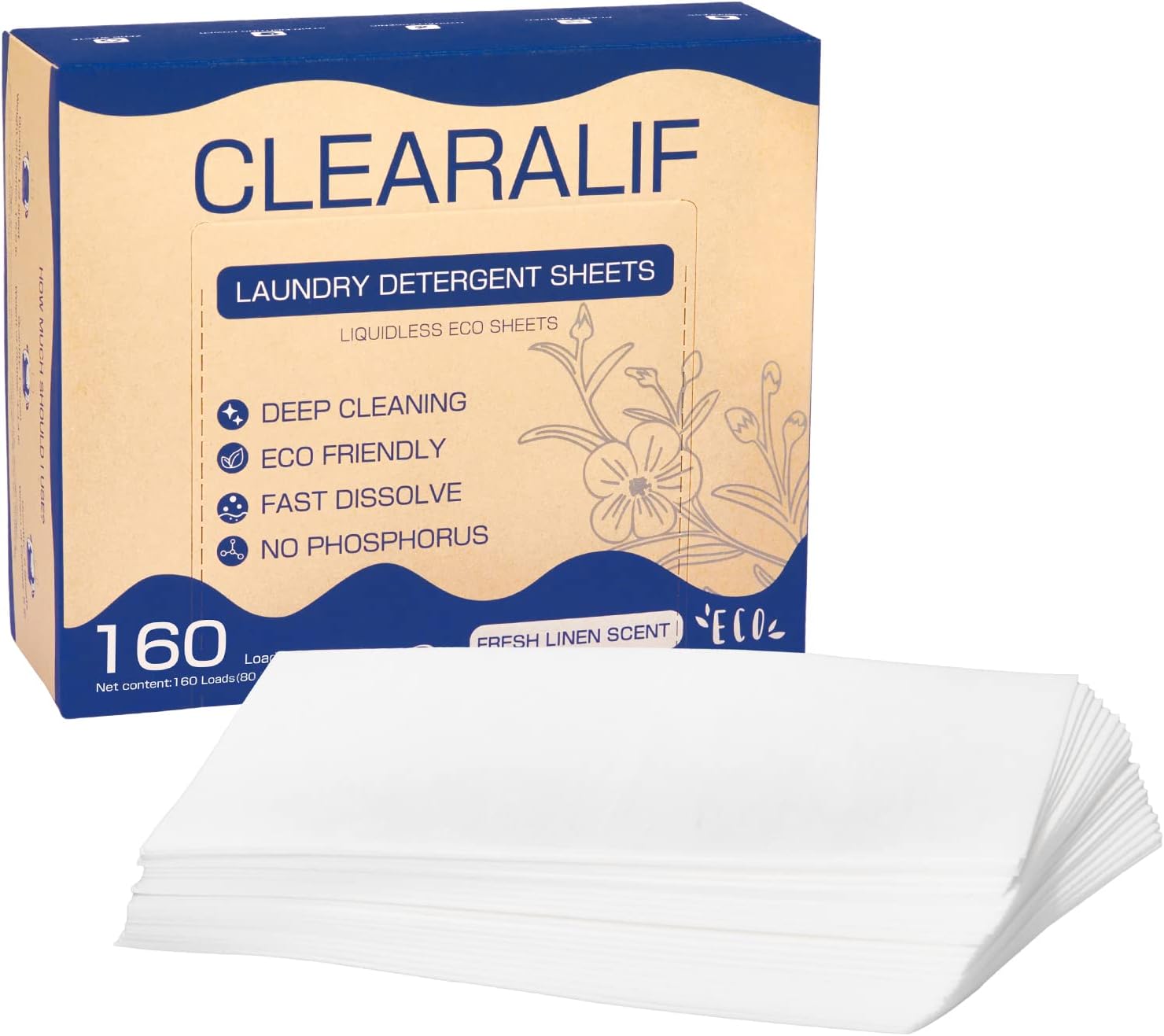 CLEARALIF Laundry Detergent Sheets Up to 160 Loads, Fresh Linen - Great For Travel,Apartments, Dorms,Laundry Detergent Strips Eco Friendly & Hypoallergenic