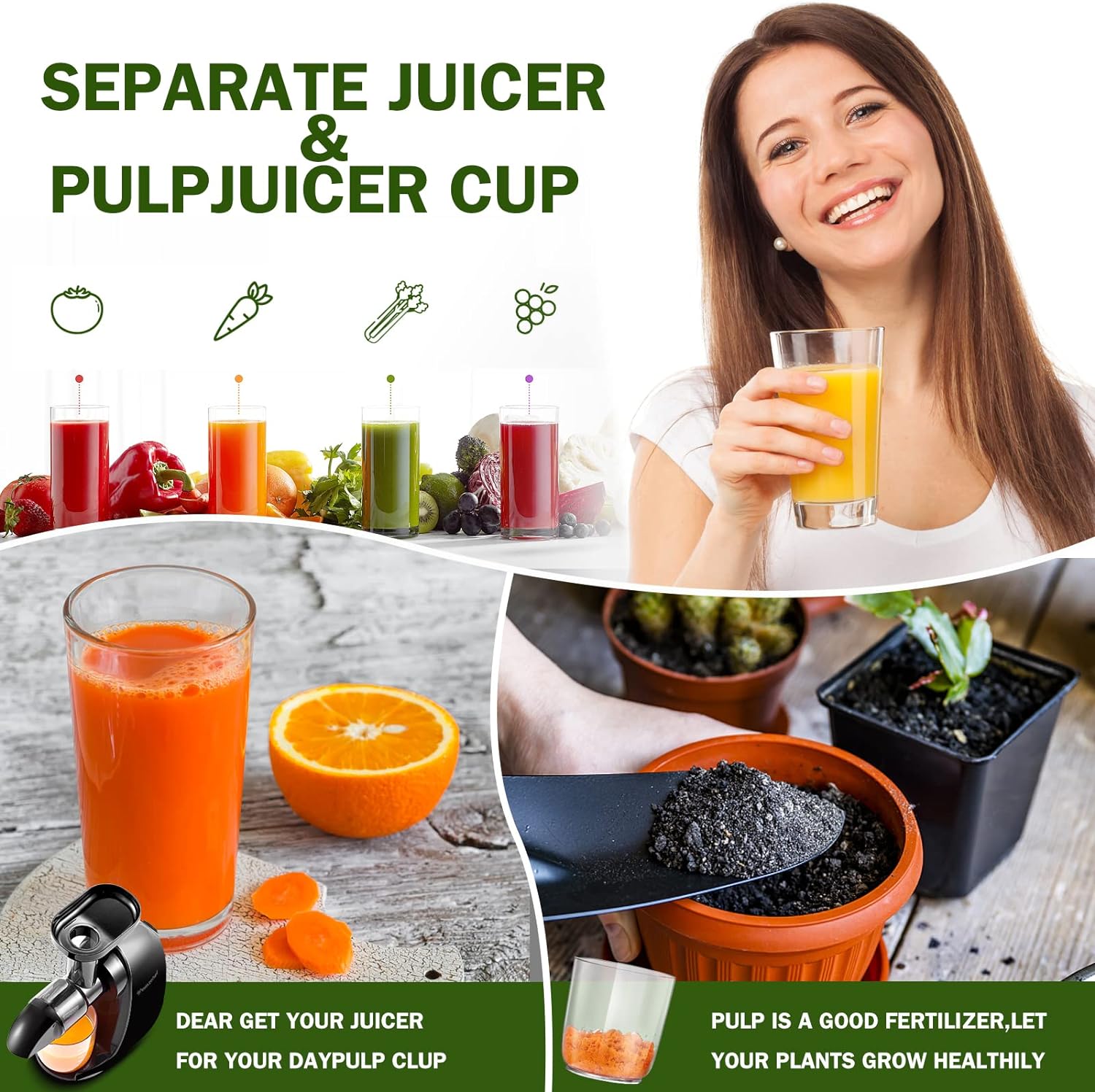 Masticating Juicer Machines, AMZCHEF Slow Cold Press Juicer with Reverse Function, High Juice Yield, Easy Clean with Brush,Recipes for High Nutrient Fruits and Vegetables, Gray(Updated)