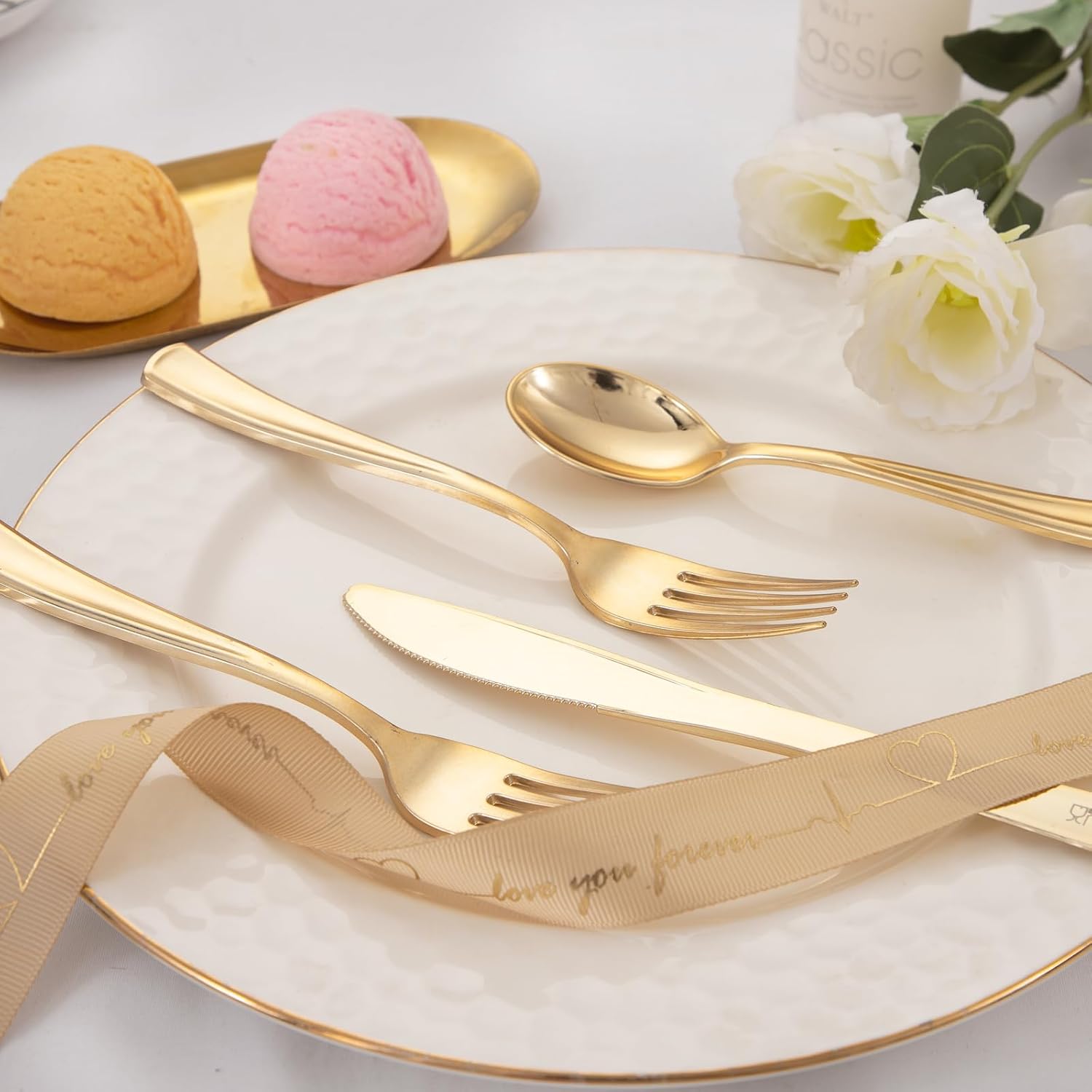 WDF300 Pieces Gold Plastic Silverware - Heavy Duty Disposable Gold Cutlery Set Plastic Gold Silverware Set Plastic Includes 100 Forks, 100 Spoons, 100 Knives