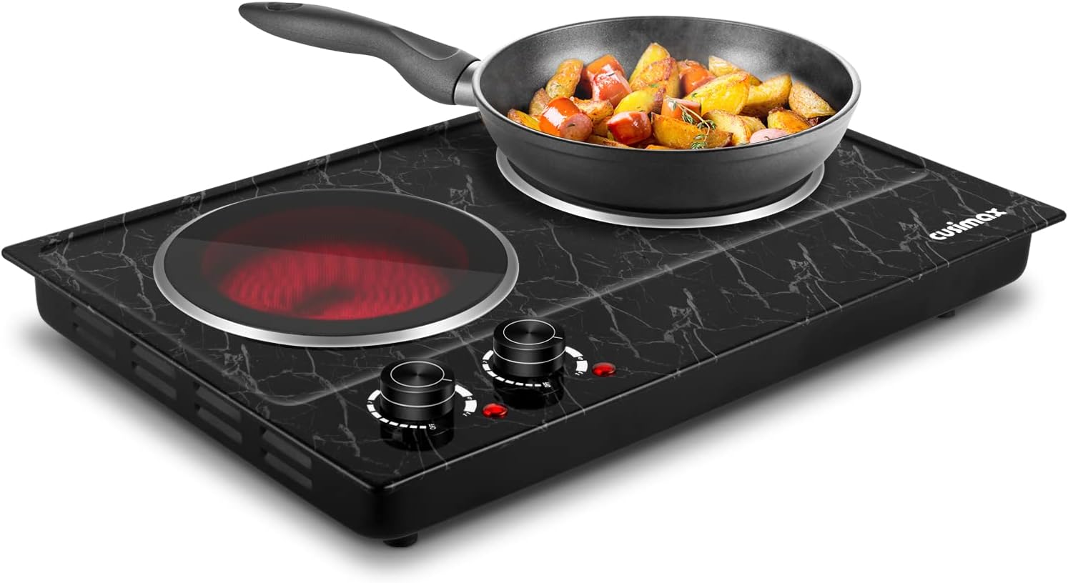 CUSIMAX 1800W Ceramic Electric Hot Plate for Cooking, Dual Control Infrared Cooktop, Double Burner, Portable Countertop Burner, Glass Plate Electric Cooktop, Silver, Stainless Steel-Upgraded Version