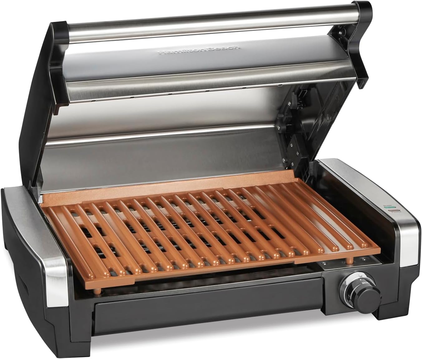 Hamilton Beach Electric Indoor Searing Grill with Viewing Window & Adjustable Temperature Control to 450F, 118 sq. in. Surface Serves 6, Removable Nonstick Grate, Stainless Steel