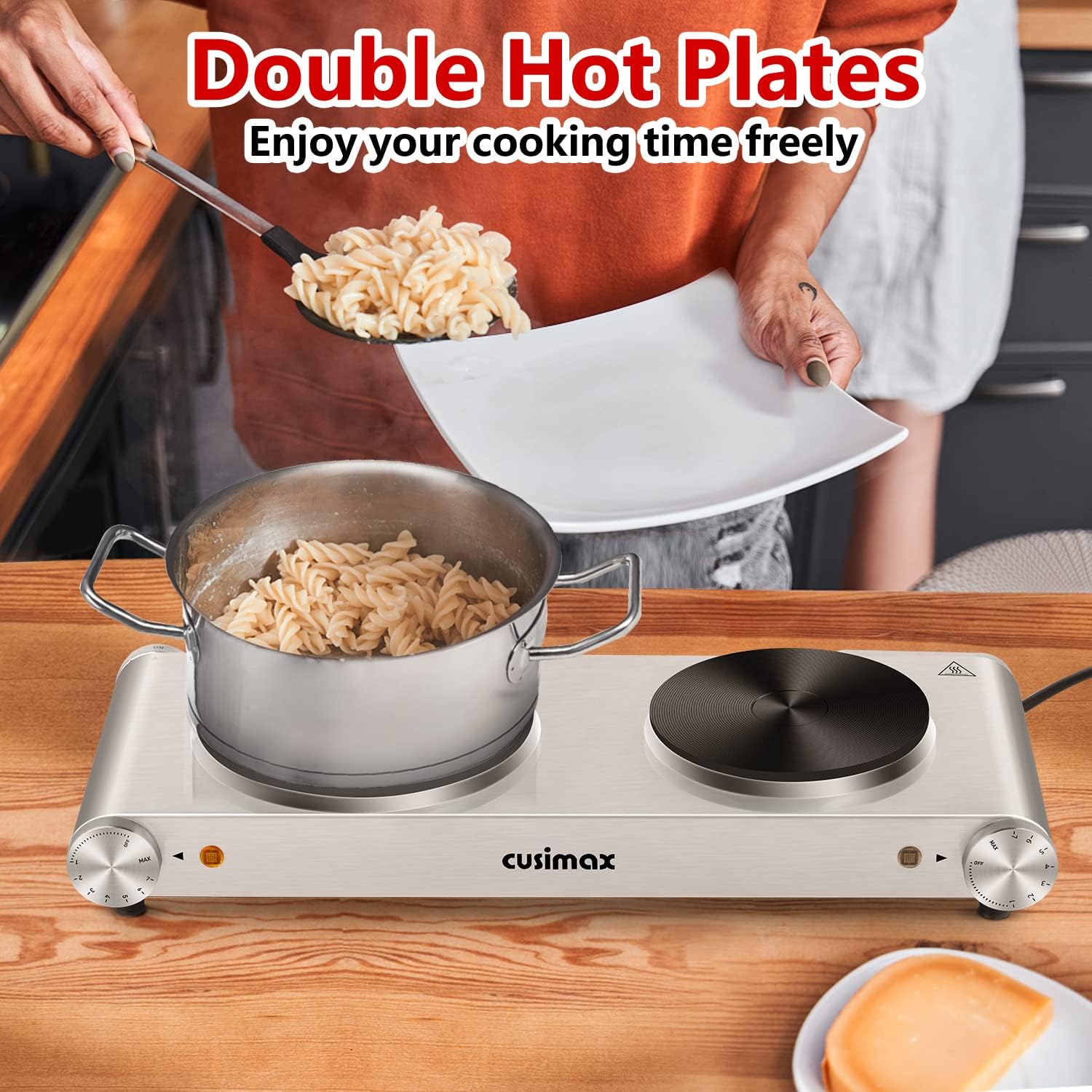 CUSIMAX 1800W Ceramic Electric Hot Plate for Cooking, Dual Control Infrared Cooktop, Double Burner, Portable Countertop Burner, Glass Plate Electric Cooktop, Silver, Stainless Steel-Upgraded Version