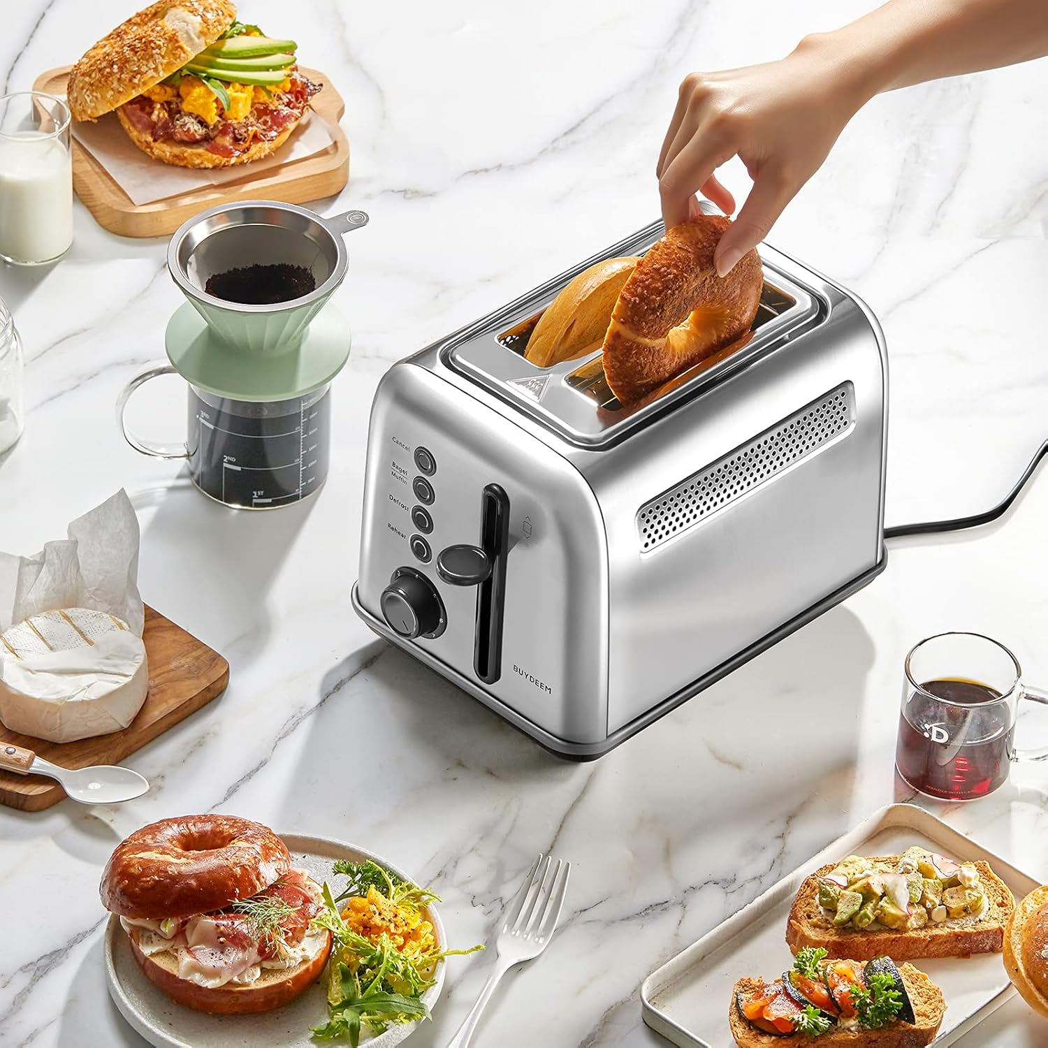 BUYDEEM DT620 2-Slice Toaster, Extra Wide Slots, Retro Stainless Steel with High Lift Lever, Bagel and Muffin Function, Removal Crumb Tray, 7-Shade Settings,Stainless Steel