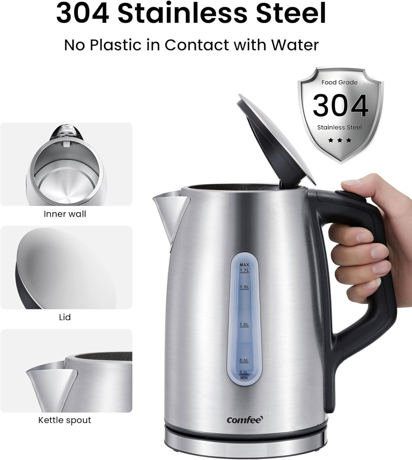 COMFEE' Stainless Steel Electric Kettle, 1.7 Liter Tea Kettle Electric & Hot Water Kettle, 1500W Fast Boil with LED Light, Auto Shut-Off and Boil-Dry Protection