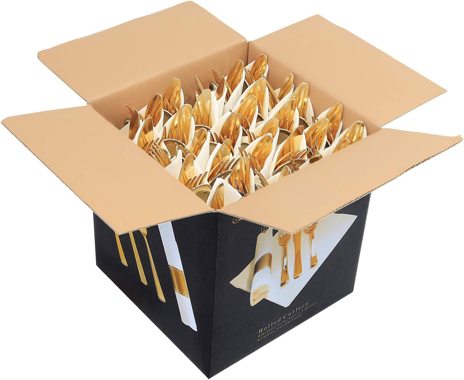 Supernal 60 Pack Pre Rolled Napkins with Gold Plastic Silverware, Premium Disposable Gold Wrapped Cutlery Set Includes: 60 Forks 60 Knives 60 Spoons 60 Napkin for Party