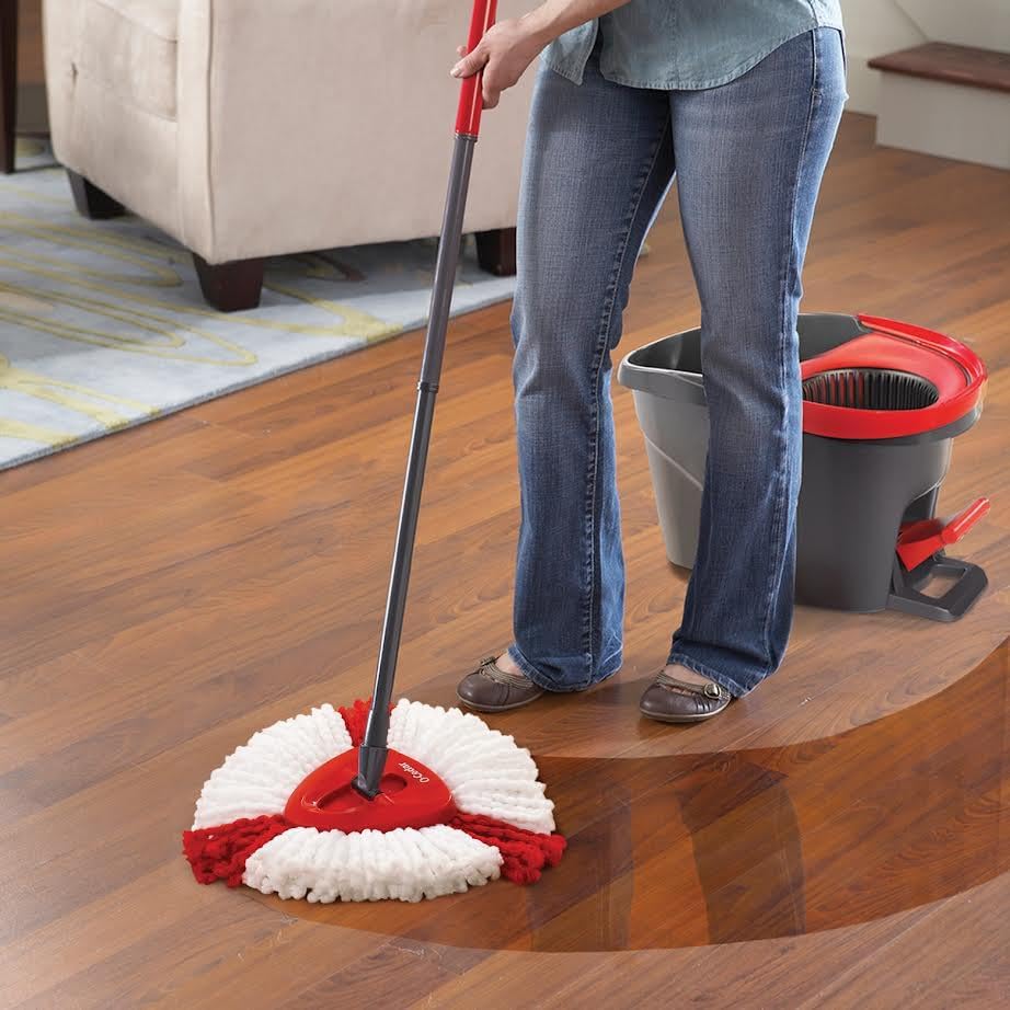 O-Cedar EasyWring Microfiber Spin Mop & Bucket Floor Cleaning System + 2 Extra Refills, Red/Gray