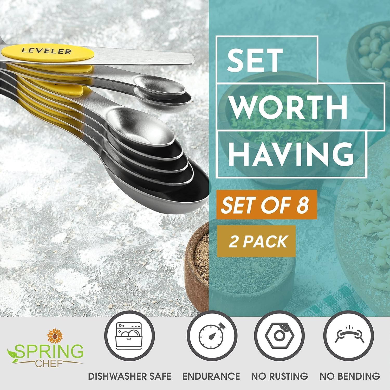 Spring Chef Magnetic Measuring Spoons Set with Strong N45 Magnets, Heavy Duty Stainless Steel Metal, Fits in Most Kitchen Spice Jars for Baking & Cooking, BPA Free, Black, Set of 8 with Leveler