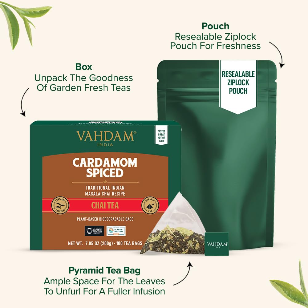 VAHDAM, Organic Turmeric Ginger Herbal Tea Bags (100 Pyramid Tea Bags) Caffeine Free, Non GMO, Gluten Free | 100% Pure Herbal Blend - Savory & Spicy | Plant-Based Tea Bags | Resealable Ziplock Pouch