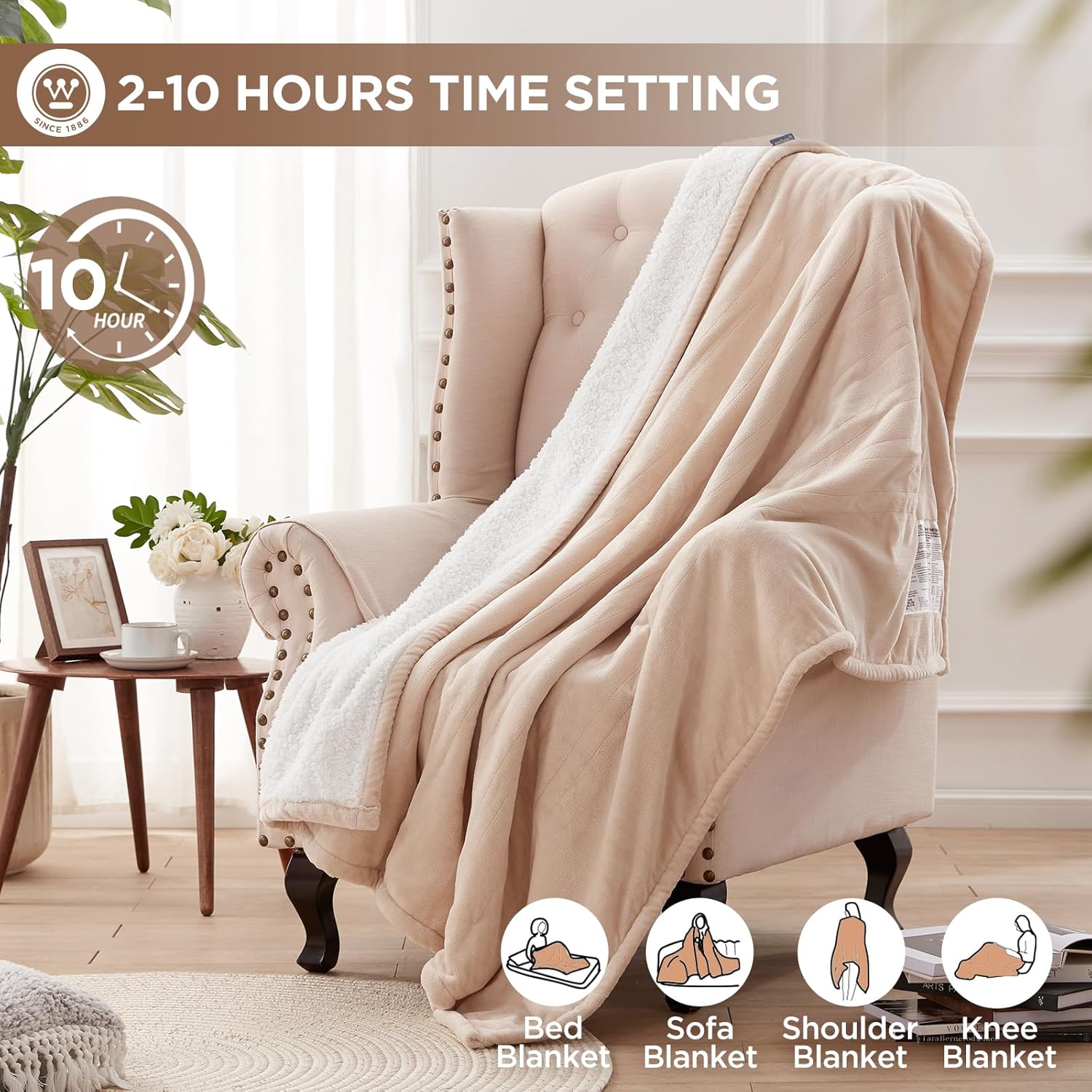Westinghouse Heated Throw Blanket, Soft Flannel to Sherpa Electric Throw with 6 Heating Levels, 2-10 Hours Time Settings, Fast Heating, Machine Washable 50x60 Inch, Charcoal