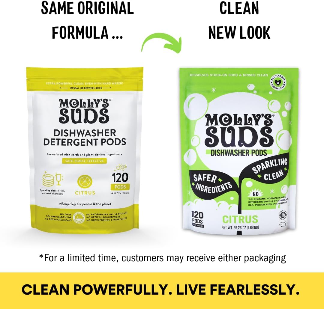 Molly's Suds Dishwasher Pods | Natural Dishwasher Detergent, Cuts Grease & Rinses Clean (Residue-Free) for Sparkling Dishes | 60 Auto-Release Tabs (Unscented)