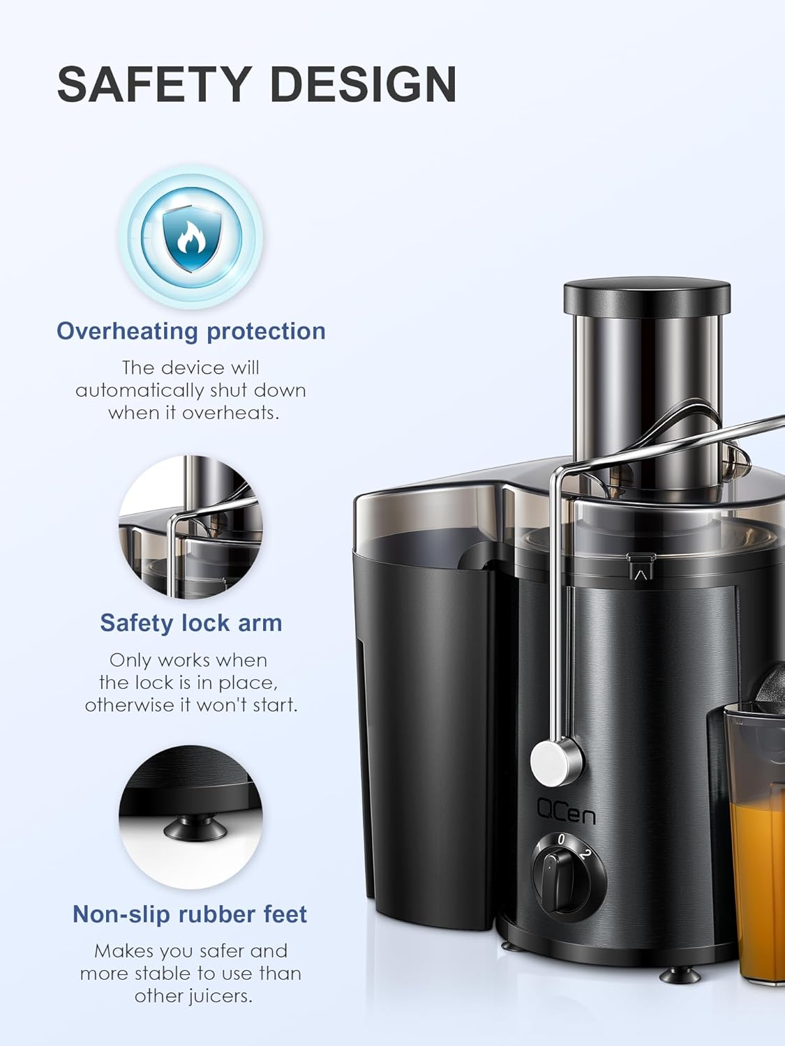 Qcen Juicer Machine, 800W Centrifugal Juicer Extractor with Wide Mouth 3” Feed Chute for Fruit Vegetable, Easy to Clean, Stainless Steel, BPA-free (Black)