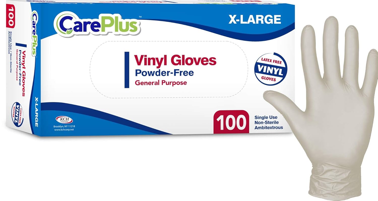 Care Plus Medium Size Disposable Vinyl Gloves Heavy Duty Non Sterile Powder Free Latex Free Rubber 100 Count Box food Safe