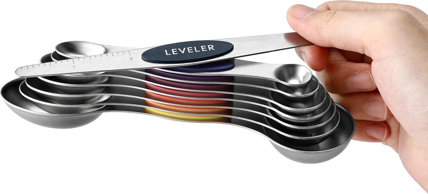 Spring Chef Magnetic Measuring Spoons Set with Strong N45 Magnets, Heavy Duty Stainless Steel Metal, Fits in Most Kitchen Spice Jars for Baking & Cooking, BPA Free, Black, Set of 8 with Leveler