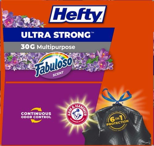 Hefty Ultra Strong 30 Gallon Trash Bags, Black Large Trash Bags 30 Gallon Size, Multipurpose, Break Resistant Drawstring Closure, Resists Leaks, Punctures, and Tears, Black, Fabuloso Scent, 50 Bags
