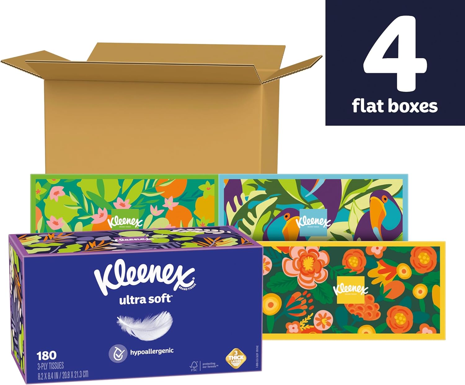 Kleenex Ultra Soft Facial Tissues, 8 Flat Boxes, 180 Tissues per Box, 3-Ply, Packaging May Vary