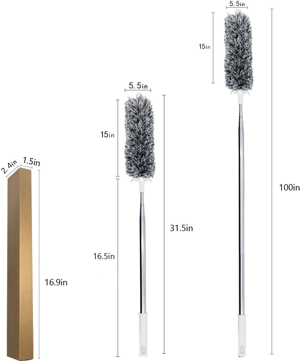 Lomida Microfiber Duster with Extension Pole(Stainless Steel), Extra Long 100 inches, with Bendable Head, Extendable Duster for Cleaning High Ceiling Fan, Interior Roof, Cobweb, Gap Dust Wet or Dry