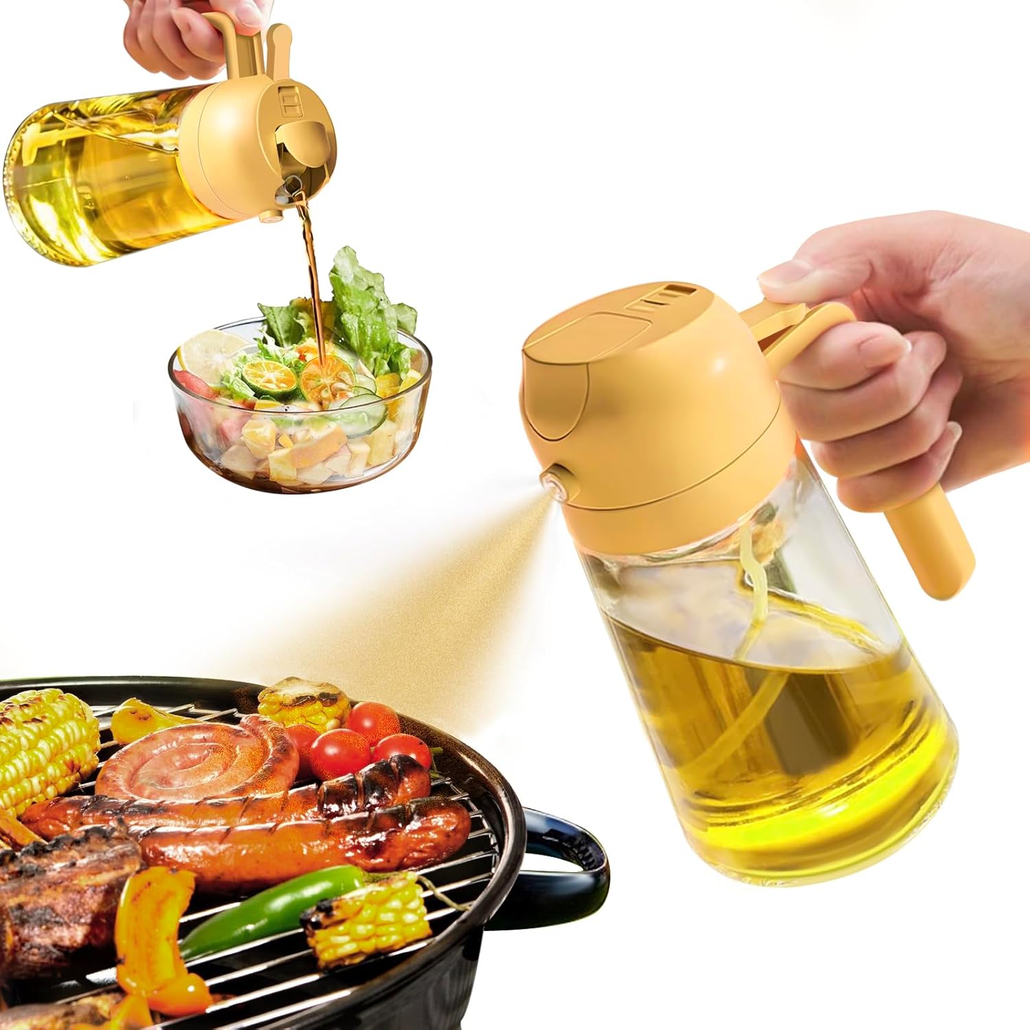 YARRAMATE Oil Sprayer for Cooking, 2 in 1 Olive Oil Dispenser Bottle for Kitchen, 16oz/470ml Premium Glass Oil Bottle, Food-grade Oil Mister for Air Fryer, Salad, Frying, BBQ (Creamy White)