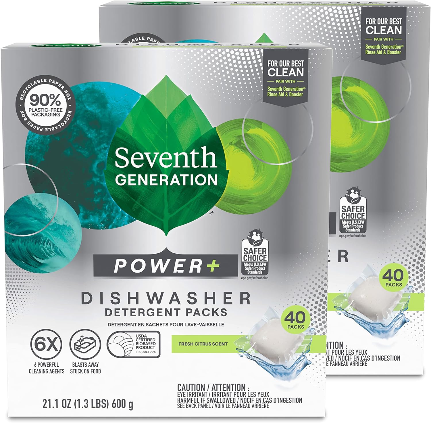 Seventh Generation Power+ Dishwasher Detergent Packs Fresh Citrus scent 1 for sparkling dishes Dishwasher tabs 70 count