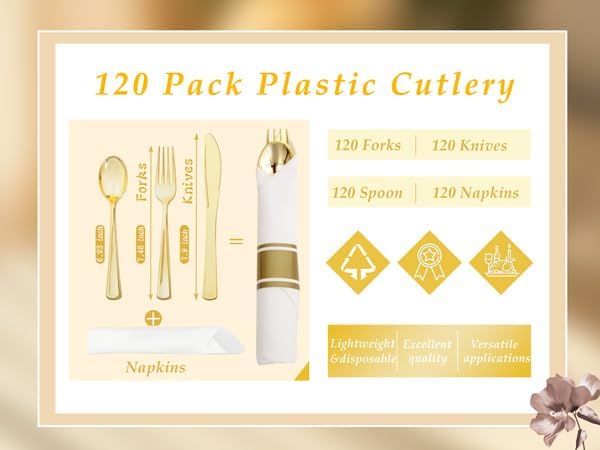 Supernal 60 Pack Pre Rolled Napkins with Gold Plastic Silverware, Premium Disposable Gold Wrapped Cutlery Set Includes: 60 Forks 60 Knives 60 Spoons 60 Napkin for Party