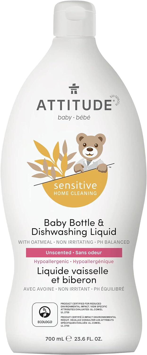ATTITUDE Baby Dish Soap and Bottle Cleaner, EWG Verified Dishwashing Liquid, No Added Dyes or Fragrances, Tough on Milk Residue and Grease, Vegan, Unscented, 33.8 Fl Oz