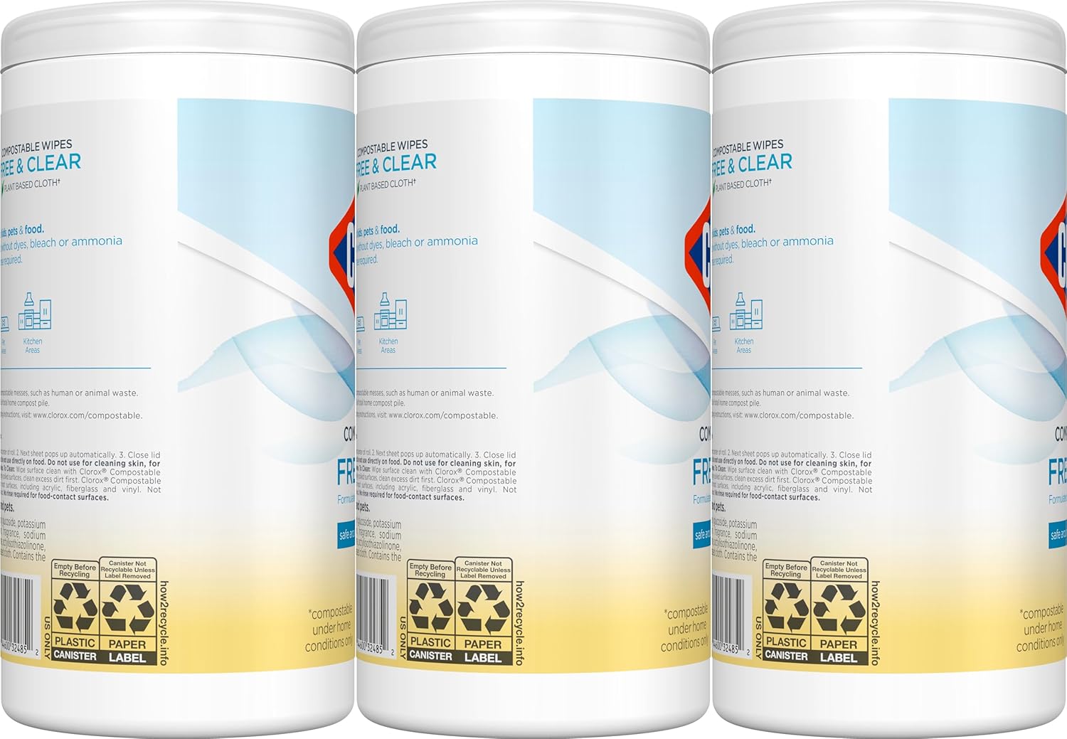 Clorox Free & Clear Compostable Cleaning Wipes, Light Lemon Scent, 75 Count, Pack of 3 (Pack May Vary)