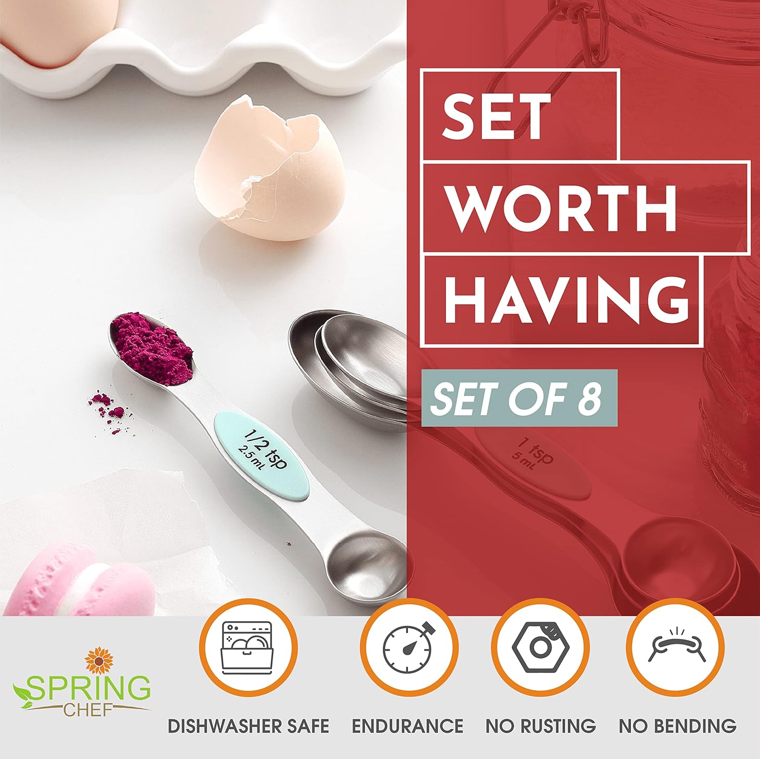 Spring Chef Magnetic Measuring Spoons Set with Strong N45 Magnets, Heavy Duty Stainless Steel Metal, Fits in Most Kitchen Spice Jars for Baking & Cooking, BPA Free, Black, Set of 8 with Leveler