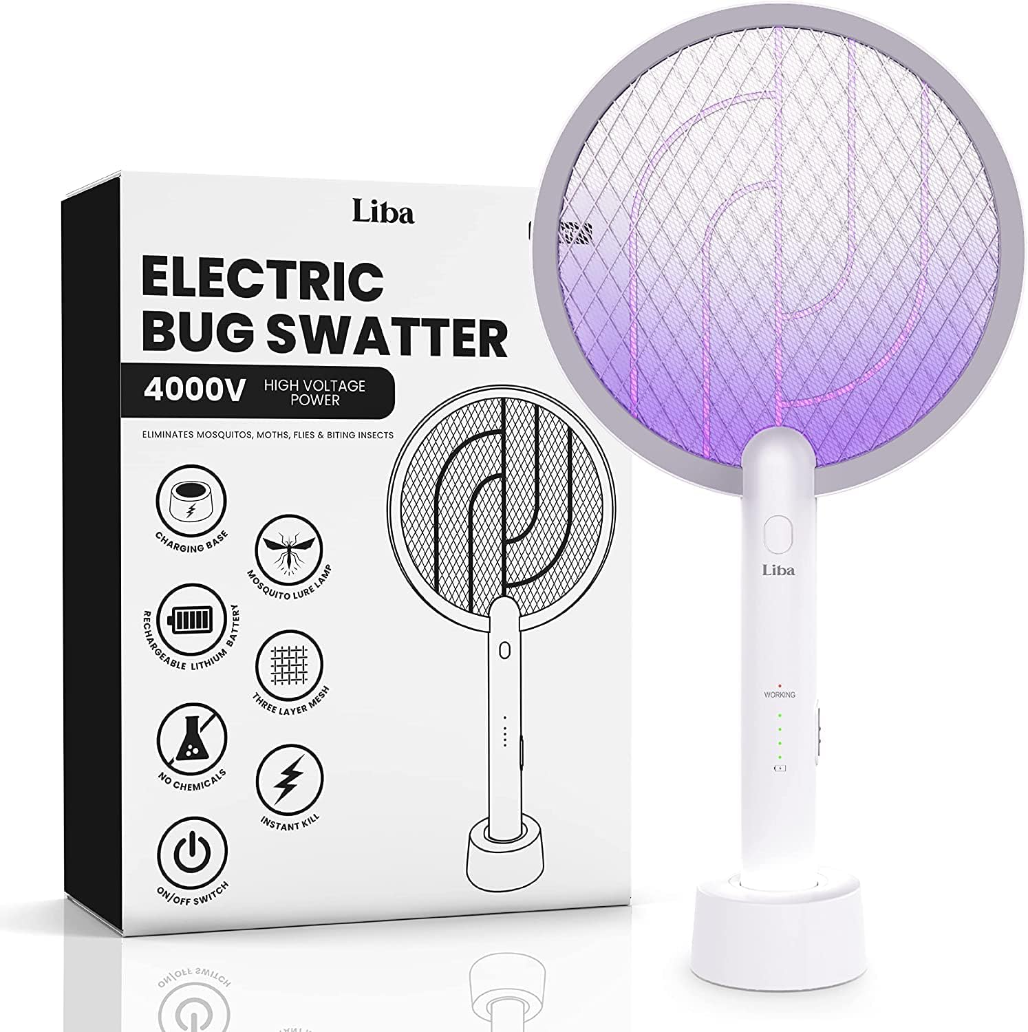 LiBa Electric Bug Zapper, Indoor Insect Killer - (2) Extra Replacement Bulbs - Fly, Mosquito Killer and Repellent - Lightweight, Powerful 2800V Grid, Easy-to-Clean, with a Removable Washable Tray.