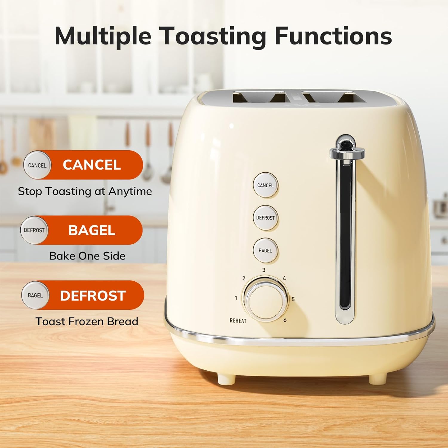 2 Slice Stainless Steel Toaster Retro with 6 Bread Shade Settings, Bagel, Cancel, Defrost Function, 2 Slice Toaster with Extra Wide Slot, Removable Crumb Tray, White