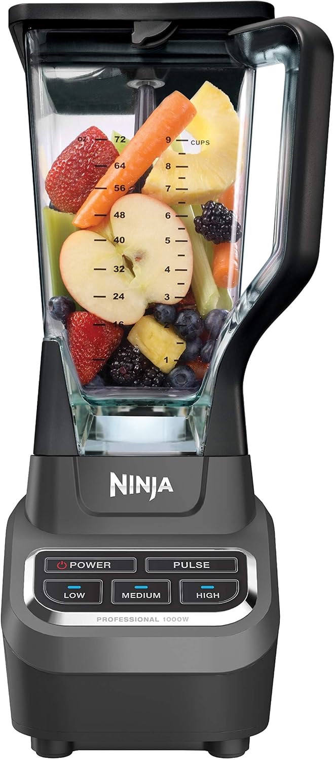 Ninja Blender, For-Smoothies, Salsa, Shakes, Slush, and-Frozen Drinks, Blender, Pitcher, and-Lid, Blender for-Kitchen, Crushes Ice, Fruit, and-Veggies, 1000-Watt, Dishwasher Safe, Black, NJ601AMZ