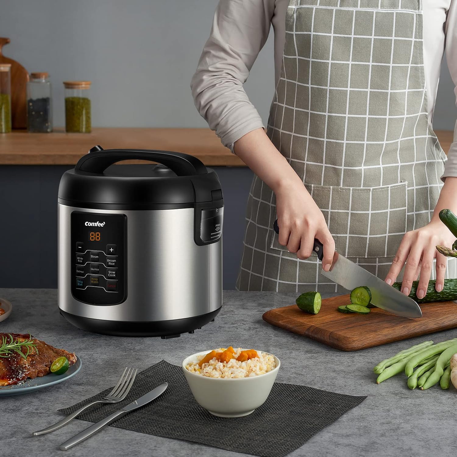 COMFEE' Compact Rice Cooker, 6-in-1 Stainless Steel Multi Cooker, Slow Cooker, Steamer, Saute, and Warmer, 2 QT, 8 Cups Cooked(4 Cups Uncooked), Brown Rice, Quinoa and Oatmeal, 6 One-Touch Programs