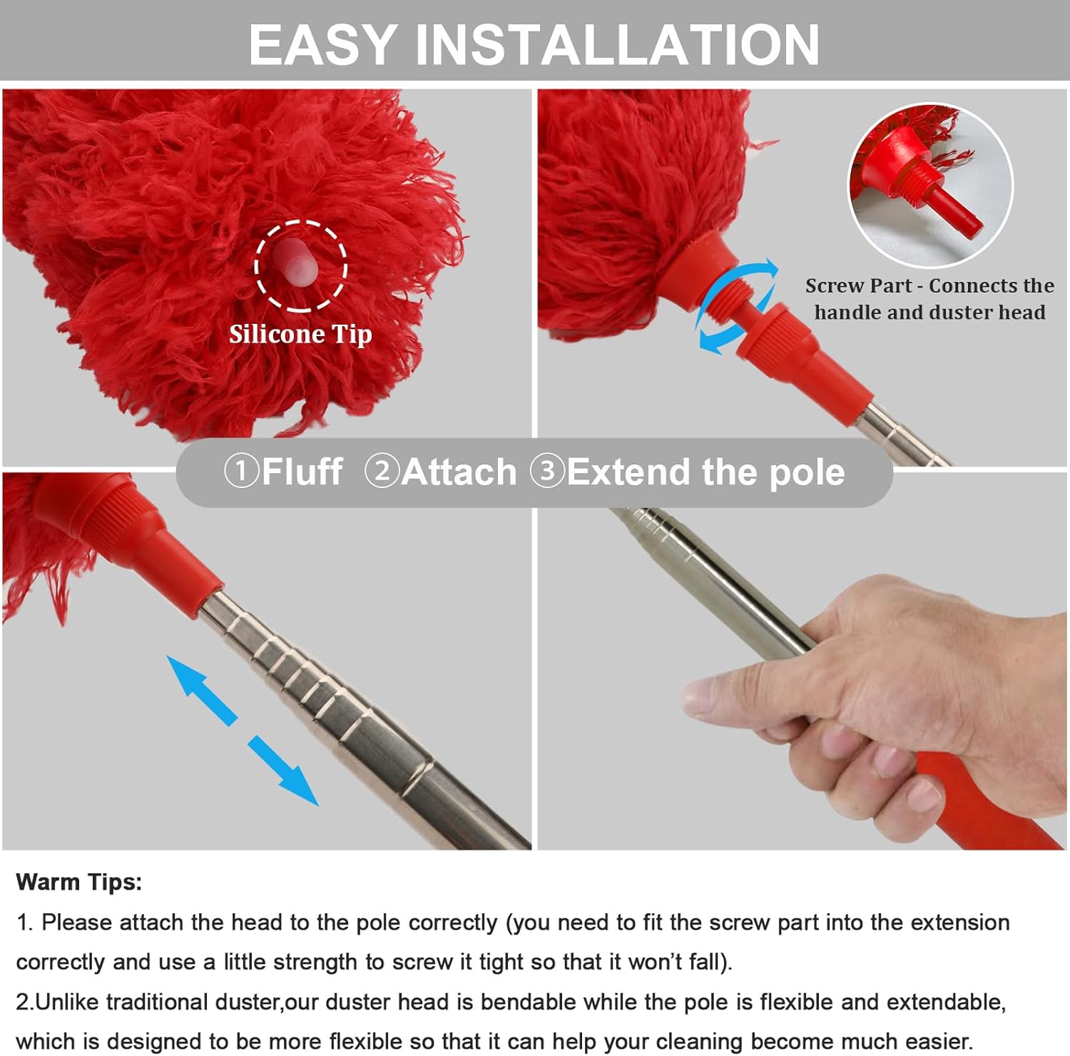 DELUX Microfiber Feather Duster Extendable Duster with 100 inches Extra Long Pole, Bendable Head & Long Handle Dusters for Cleaning Ceiling Fan, High Ceiling, Blinds, Furniture & Cars Gray