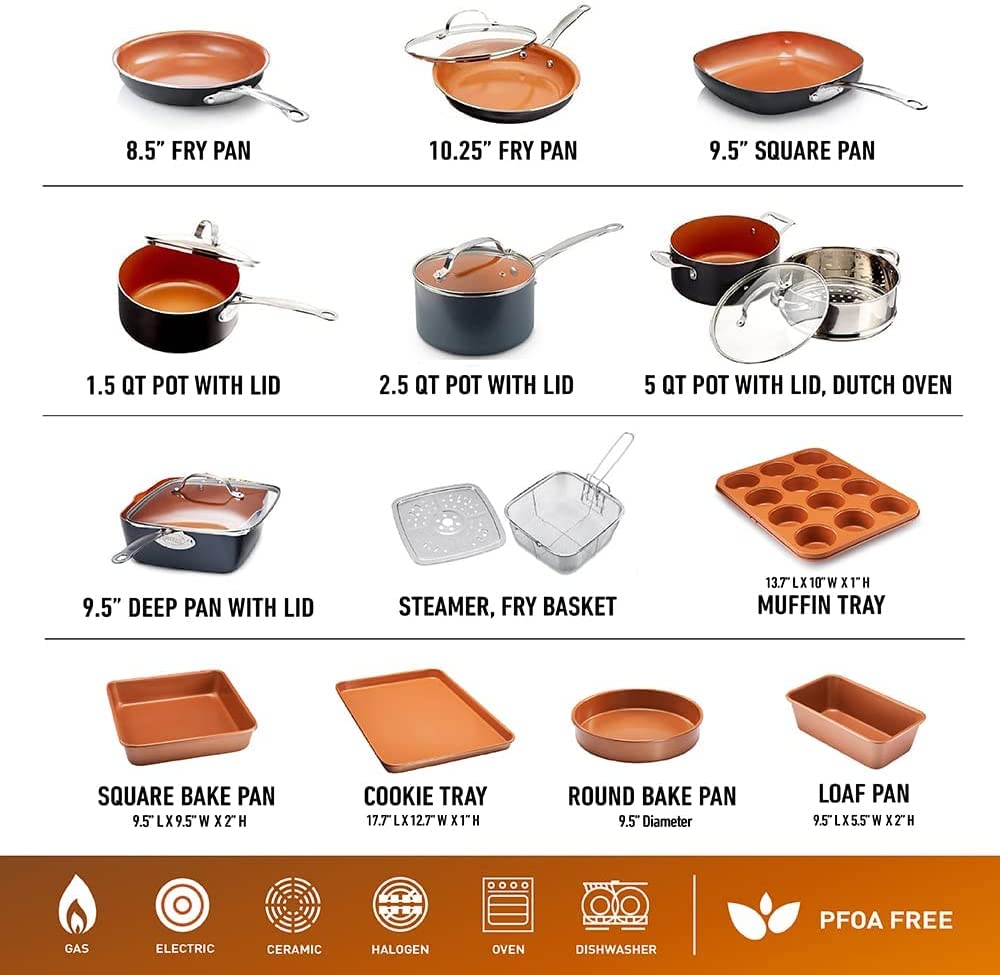 Steel Pots and Pans Set, 20 Pc Non Stick Cookware Set, Long Lasting Nonstick Kitchen Set with Pan Set, Pot Set, Baking Set, Stay Cool Handles, Dishwasher Safe, 100% Toxin Free-Copper