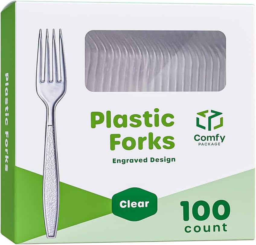 Comfy Package [100 Pack Clear Plastic Knives Heavy Duty with Engraved Design - Plastic Knives Disposable, Sturdy Plastic Silverware for Parties, Weddings, and Events