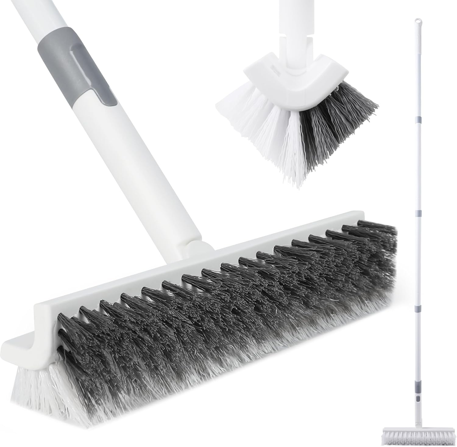 BOOMJOY Floor Scrub Brush with Long Handle, 2 in 1 Scrape and Brush, Stiff Bristles Floor Scrubber, Deck Brush for Cleaning Bathroom, Patio, Garage, Kitchen, Bath, Tile