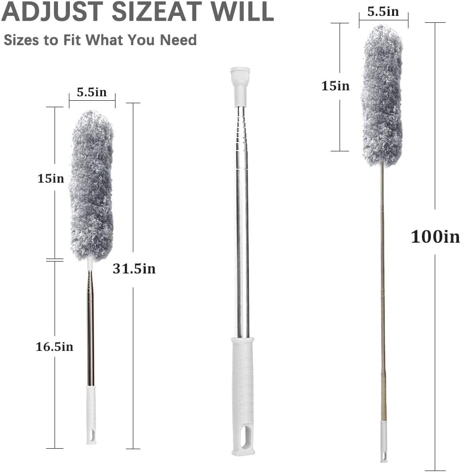 DELUX Microfiber Feather Duster Extendable Duster with 100 inches Extra Long Pole, Bendable Head & Long Handle Dusters for Cleaning Ceiling Fan, High Ceiling, Blinds, Furniture & Cars Gray