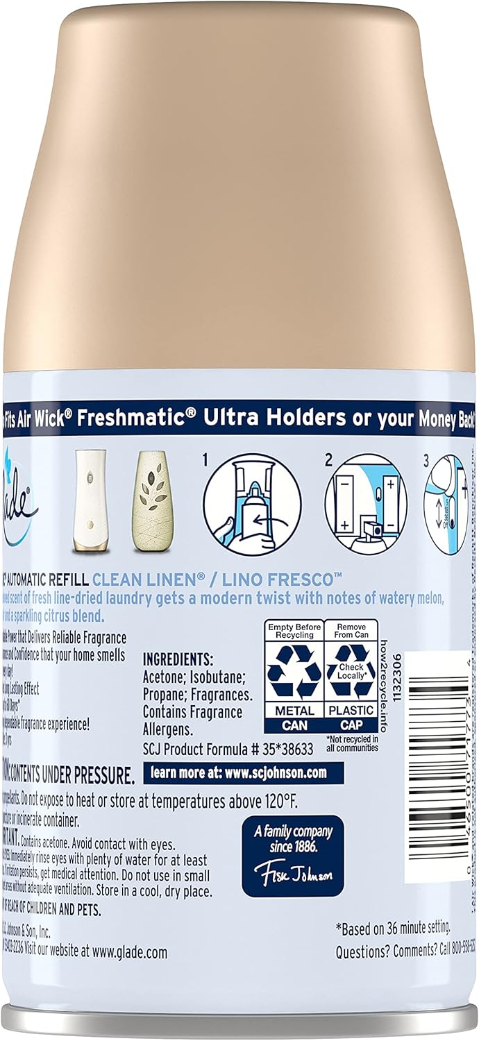 Glade Automatic Spray Refill and Holder Kit, Air Freshener for Home and Bathroom, Clean Linen, 6.2 Oz, 2 Count