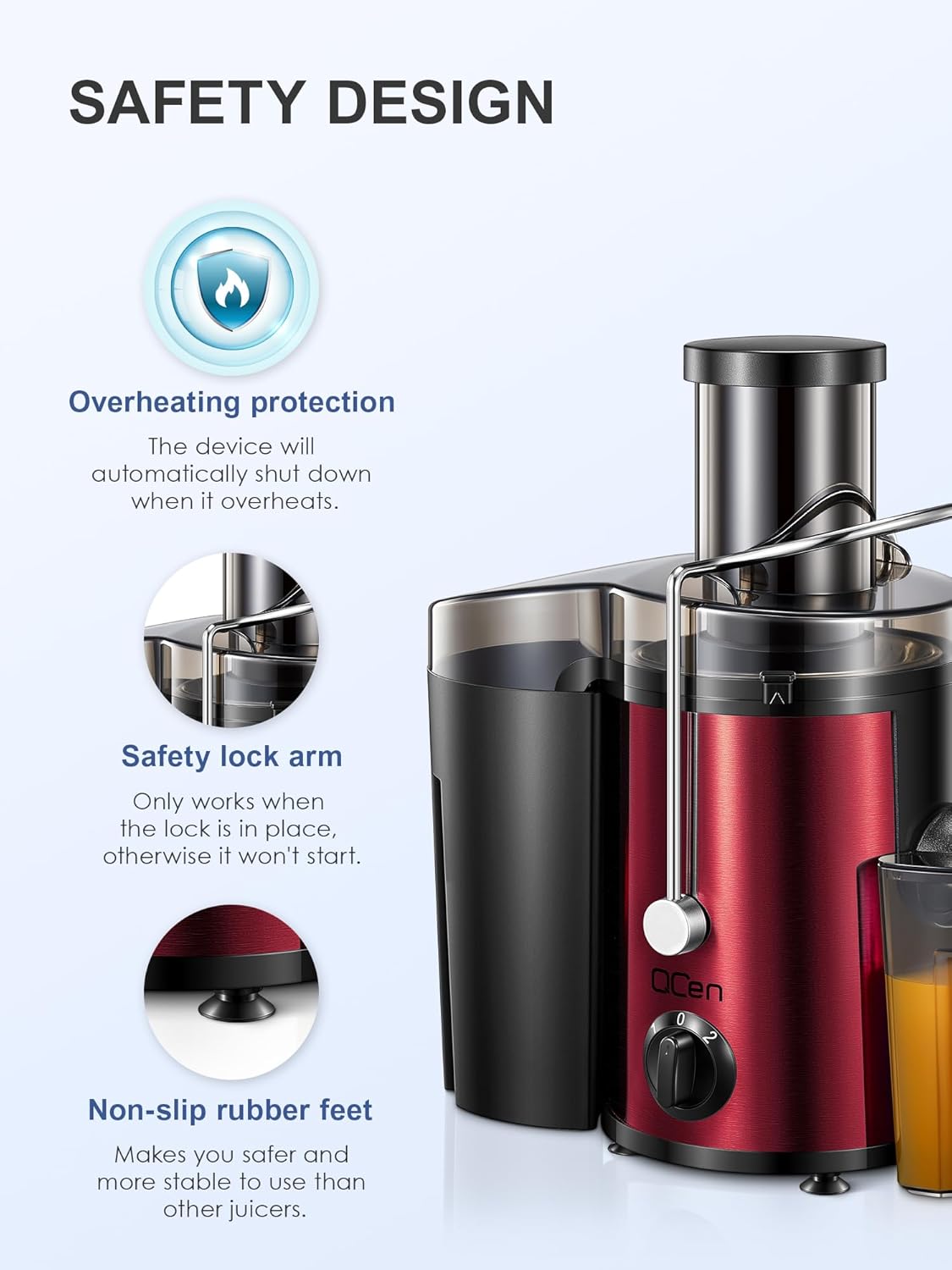 Qcen Juicer Machine, 800W Centrifugal Juicer Extractor with Wide Mouth 3” Feed Chute for Fruit Vegetable, Easy to Clean, Stainless Steel, BPA-free (Black)