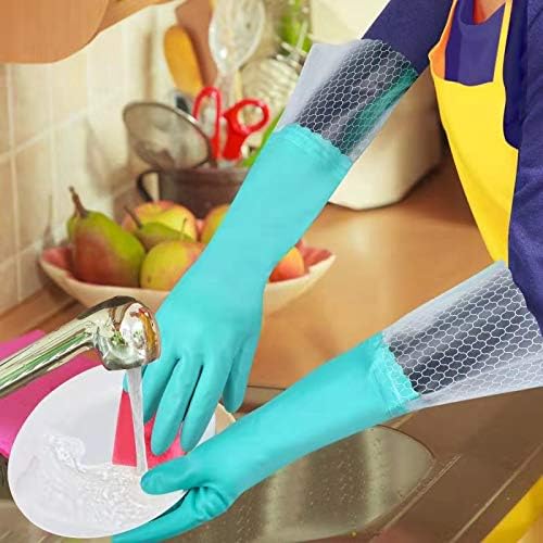 Elgood Reusable Dishwashing Cleaning Gloves with Latex free, Cotton lining,Kitchen Gloves 2 Pairs,Purple+blue Medium