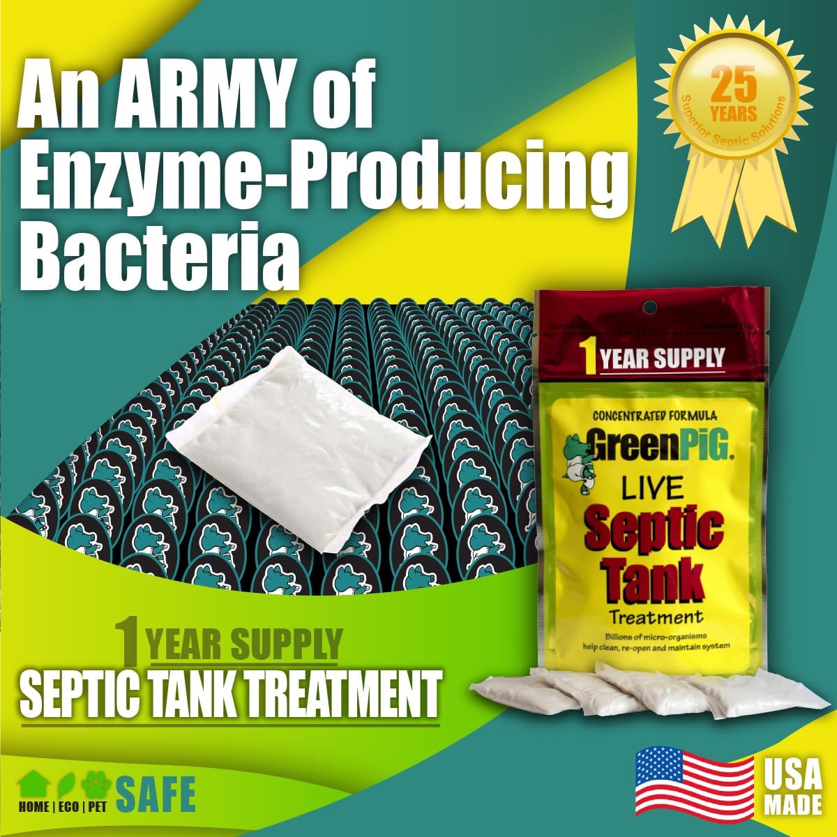 Green Pig 52 Live Septic Tank Treatment Ultimate Solution in Preventing Expensive Backups, Clogs, or Drain Field Failures with 4-Easy Drop-in and Flush, 1-Year Supply- 4 Packets, 4 Count