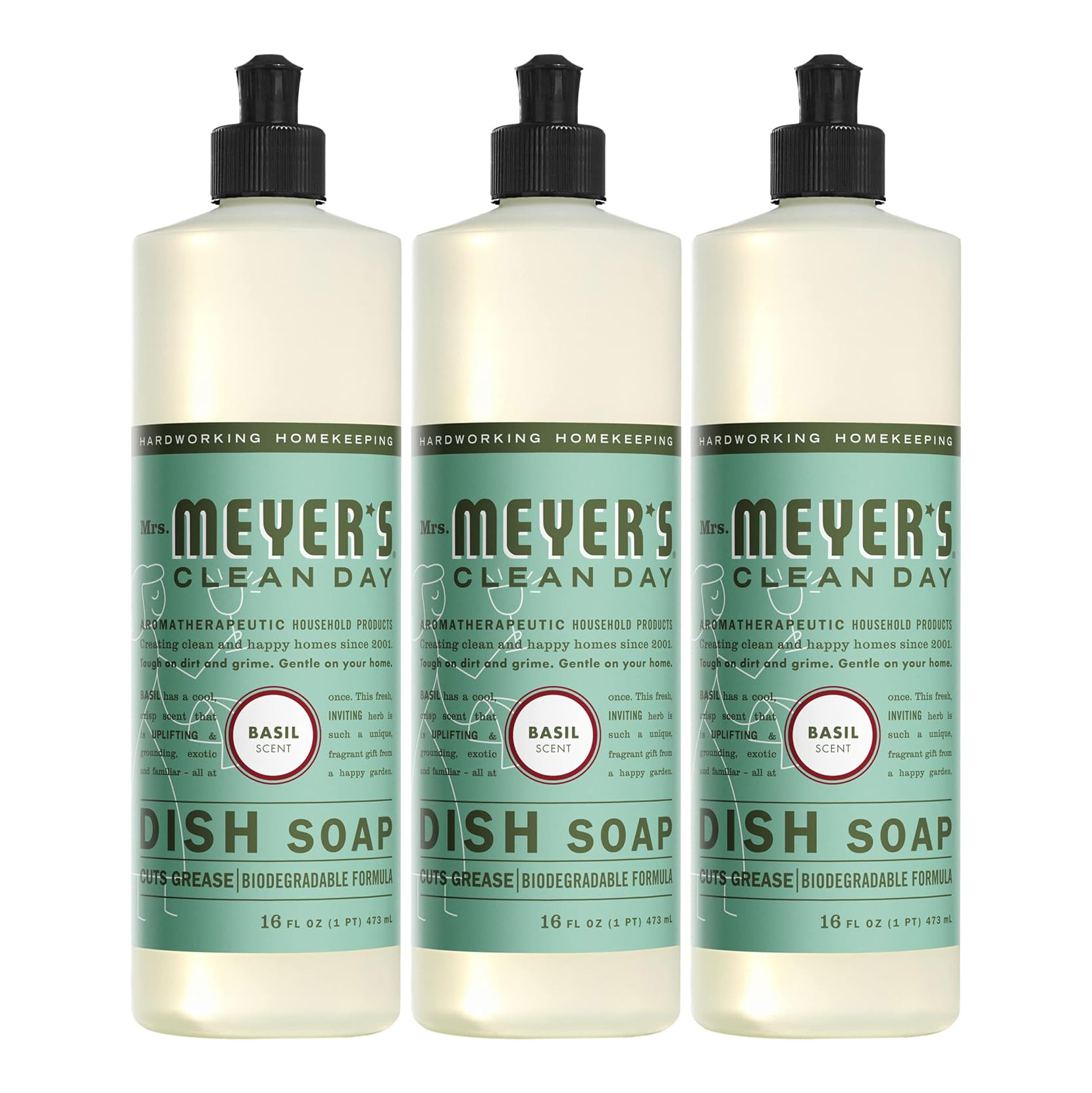 Mrs. Meyer's Liquid Dish Soap, Biodegradable Formula, Basil, 16 fl. oz - Pack of 3