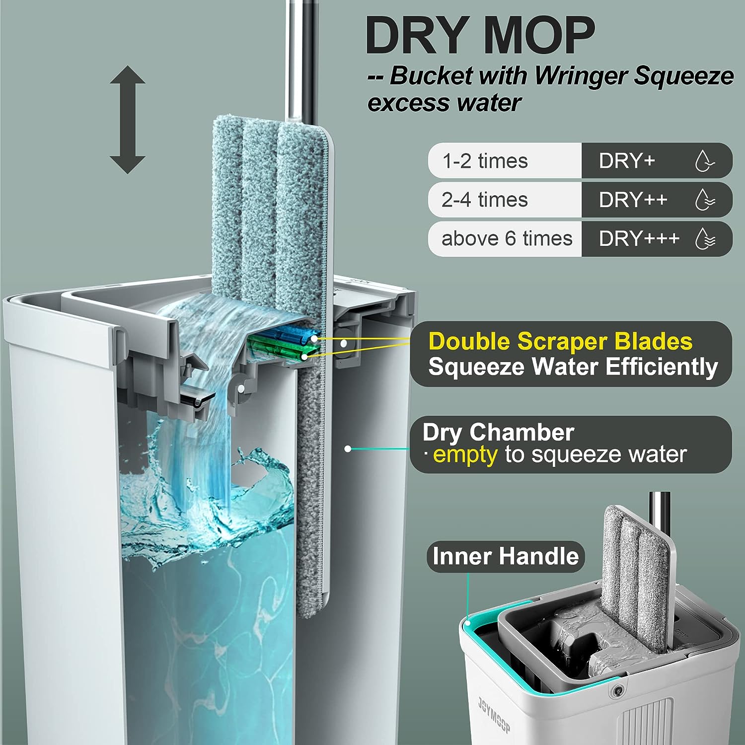 JOYMOOP mop and bucket with Wringer Set, Flat ,for floor cleaning with 3 Microfiber Pads, Wet and Dry Use, Household cleaning Tools, for Hardwood, Laminate, Tile