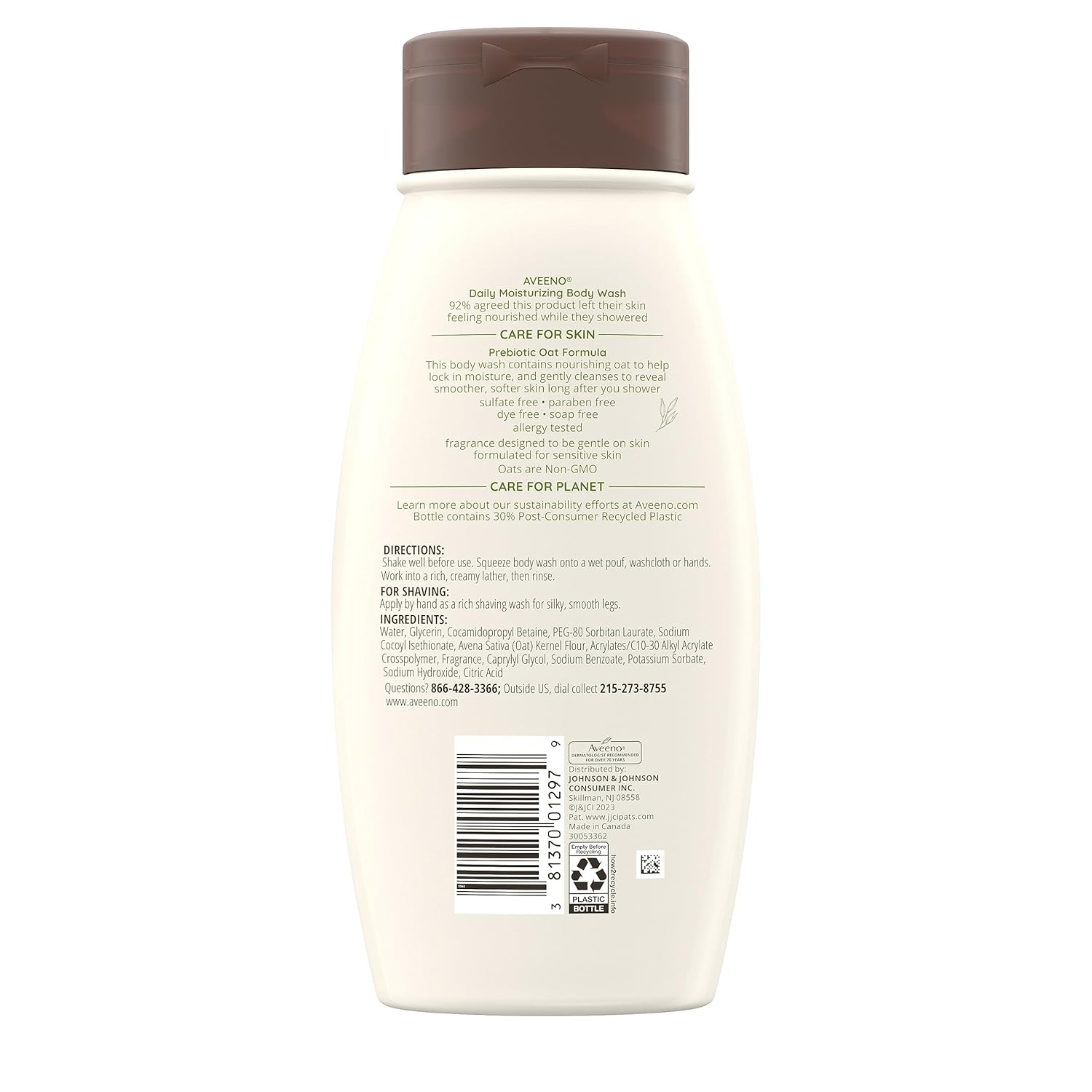 Aveeno Daily Moisturizing Body Wash, Body Wash for Dry Skin with Soothing Oat, Creamy Shower Cleanser, Gentle, Soap-Free and Dye-Free, Lightly Scented Body Wash, 33 FL OZ