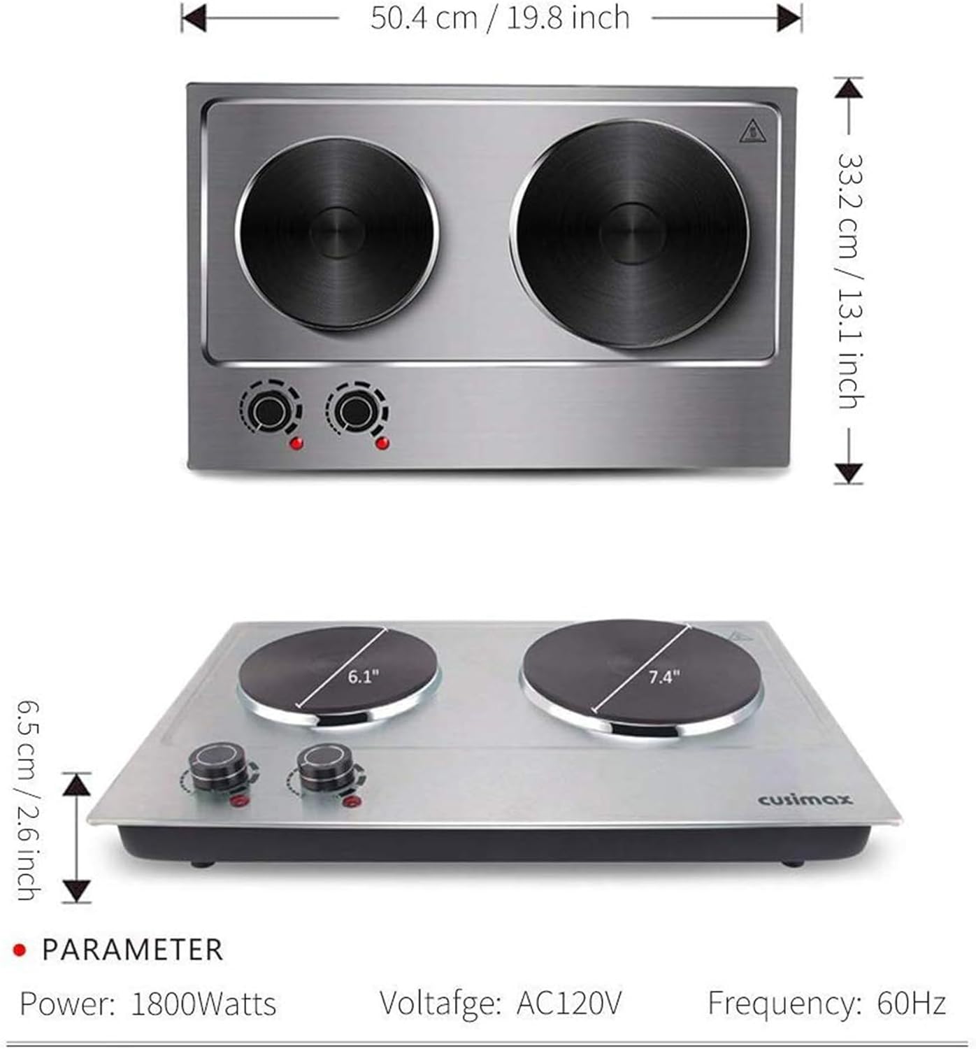 CUSIMAX 1800W Ceramic Electric Hot Plate for Cooking, Dual Control Infrared Cooktop, Double Burner, Portable Countertop Burner, Glass Plate Electric Cooktop, Silver, Stainless Steel-Upgraded Version