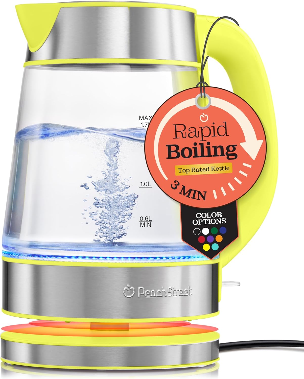 Speed-Boil Electric Kettle For Coffee & Tea - 1.7L Water Boiler 1500W, Borosilicate Glass, Easy Clean Wide Opening, Auto Shut-Off, Cool Touch Handle, LED Light. 360° Rotation, Boil Dry Protection