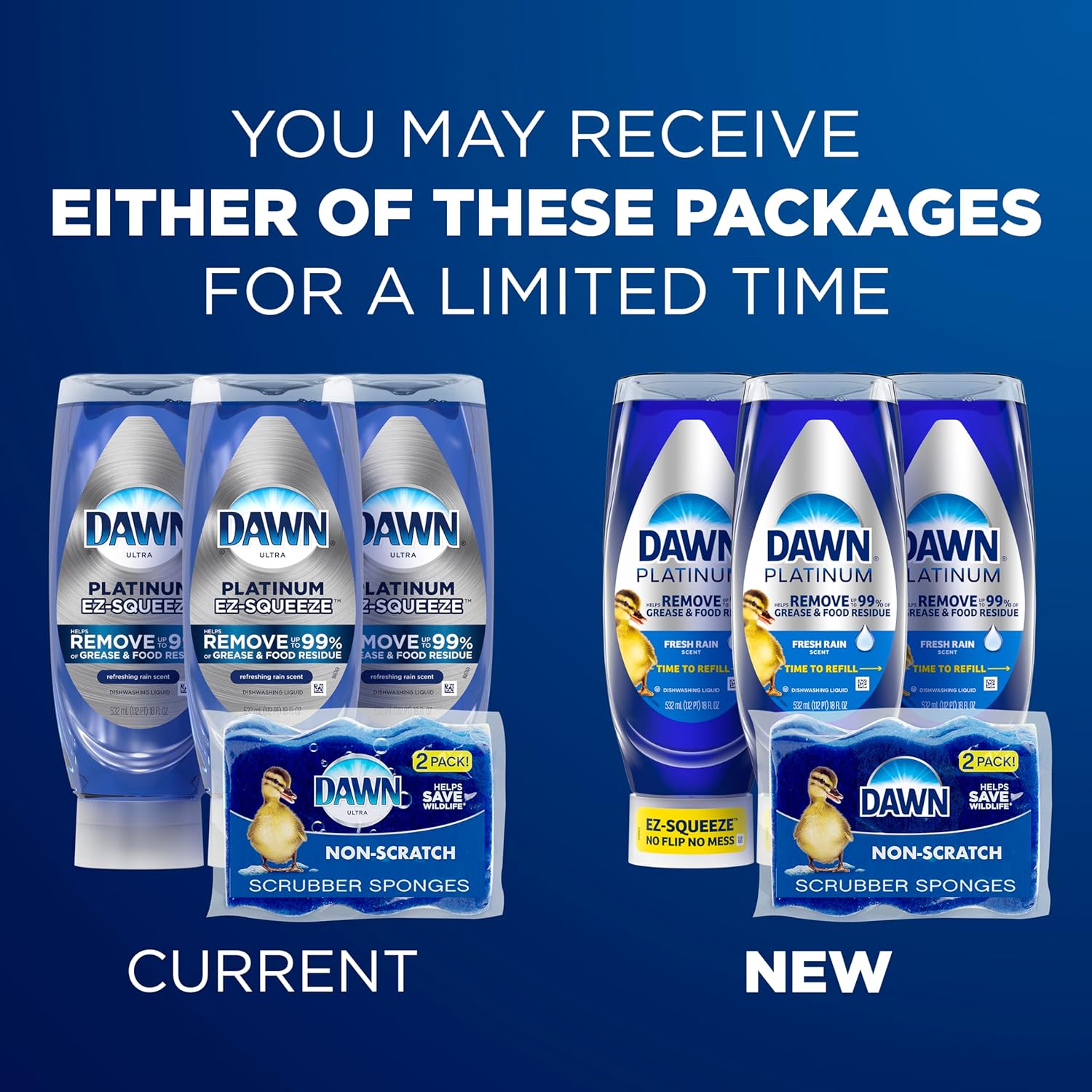 Dawn Dish Soap Squeeze Bottle, EZ-Squeeze Platinum Dish Soap Liquid+Non-Scratch Sponges for Dishes,Refreshing Rain,Includes 3x18oz Bottles+2 Sponges