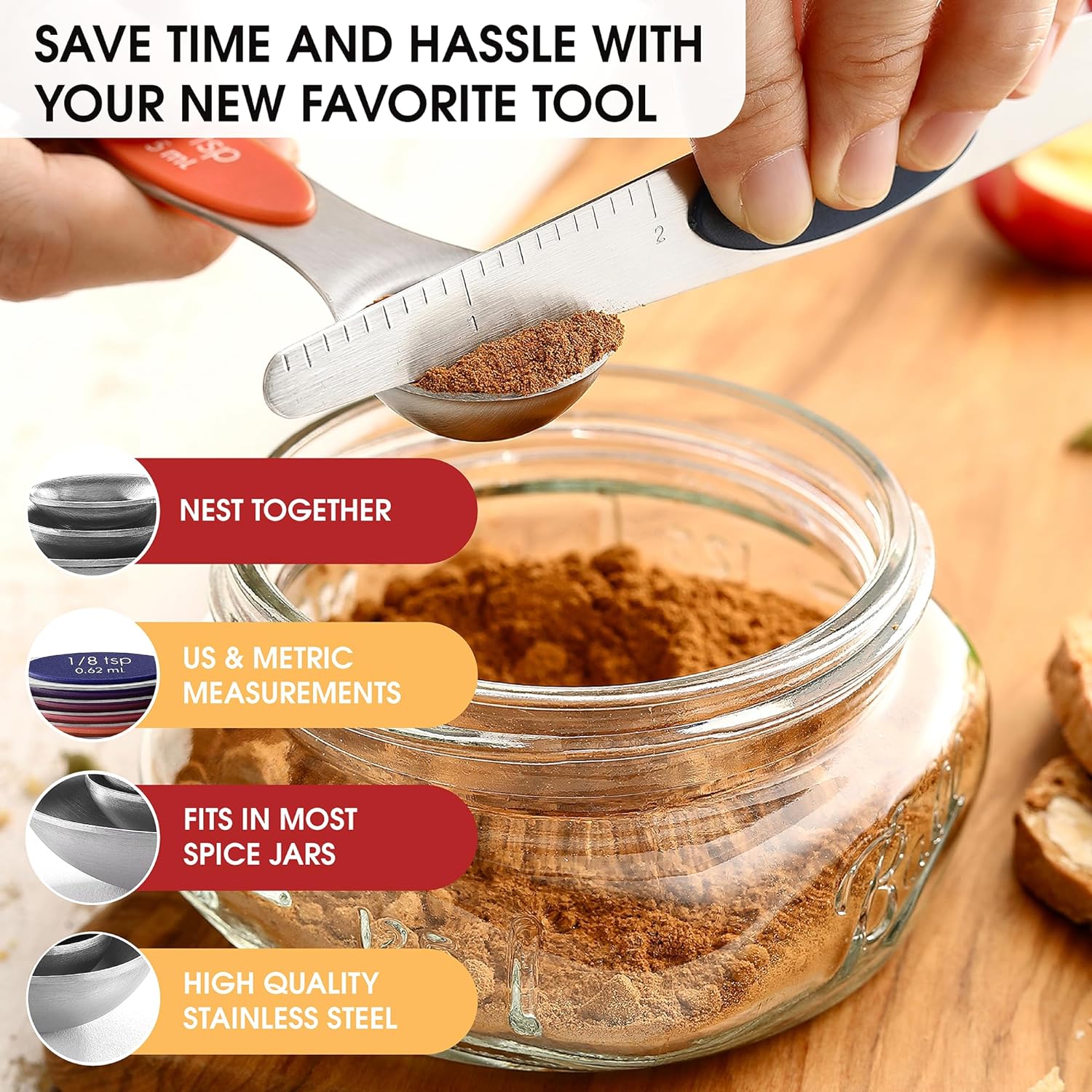 Spring Chef Magnetic Measuring Spoons Set with Strong N45 Magnets, Heavy Duty Stainless Steel Metal, Fits in Most Kitchen Spice Jars for Baking & Cooking, BPA Free, Black, Set of 8 with Leveler