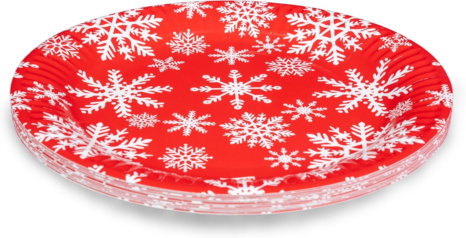 Glad Disposable Holiday Paper Plates, 10 Inch, 20 Count - Red Snowflake Design, Heavy Duty and Microwavable