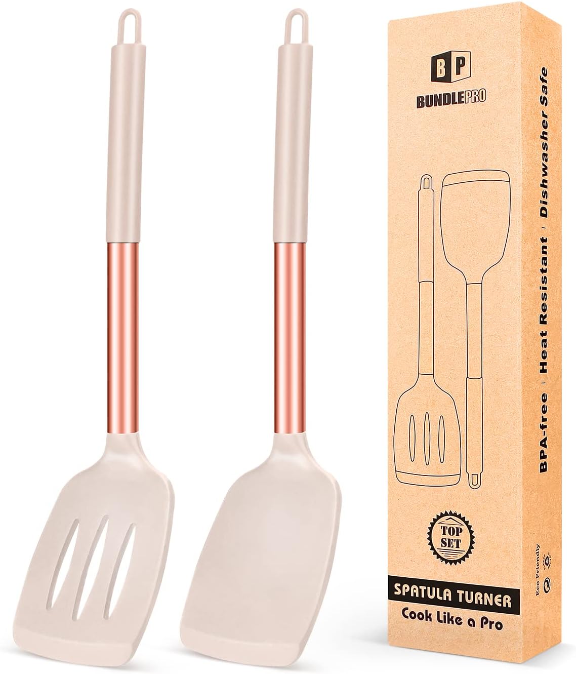 Pack of 2 Silicone Solid Turner,Non Stick Slotted Kitchen Spatulas,High Heat Resistant BPA Free Cooking Utensils,Ideal Cookware for Fish,Eggs,Pancakes (Black)