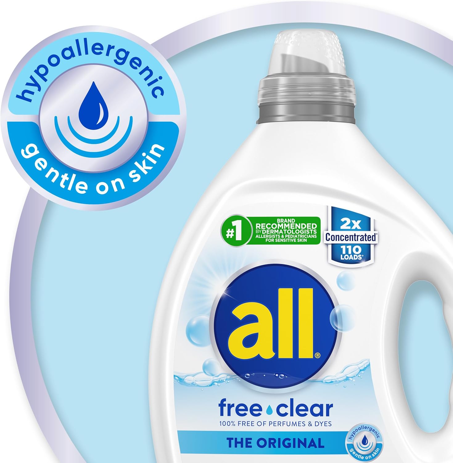 all Liquid Laundry Detergent, Free Clear for Sensitive Skin, Unscented and Hypoallergenic, 2X Concentrated, 110 Loads